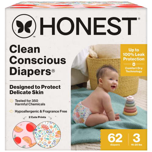 The Honest Company Clean Conscious Diapers® Up to 100% Leak Protection Designed to Protect Delicate Skin Hypoallergenic + Fragrance Free Just Peachy + Flower Power, Size 3, 62 Count