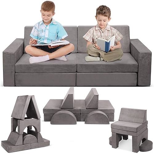 Modular Kids Play Couch, 10PCS Child Sectional Sofa Imaginative Furniture Play Set for Creative Kids, Toddler to Teen Bedroom Furniture, Girls and Boys Playroom Convertible Sofa, Grey