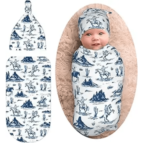 Western Cowboy Cactus Baby Stuff Newborn Baby Swaddle Blanket Wrap Blanket Soft with Beanie Hat Sets Gifts for Infant Boys Girls