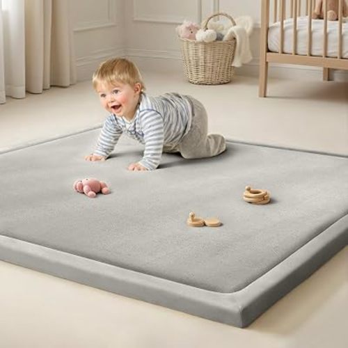 Goyuu Ultra Soft 1.3" Thick Baby Play Mat for Floor, 50x50 Playpen Mat Elasti-Foam Padded Crawling Mat For Babies, Toddlers, Infant, Kids, Non-Slip Backing Safe for Tummy Time, Light Grey