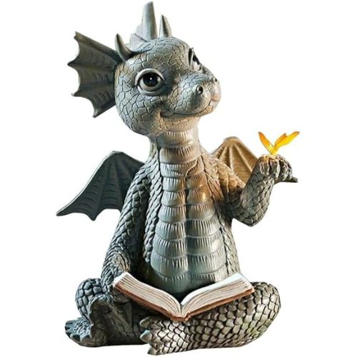 Cute Dragon Reading Book Statue, 5.9-Inch Tall Dinosaur Holding Butterfly Figurines Art Resin Sculpture Outdoor Garden Decor Home Desk Ornaments