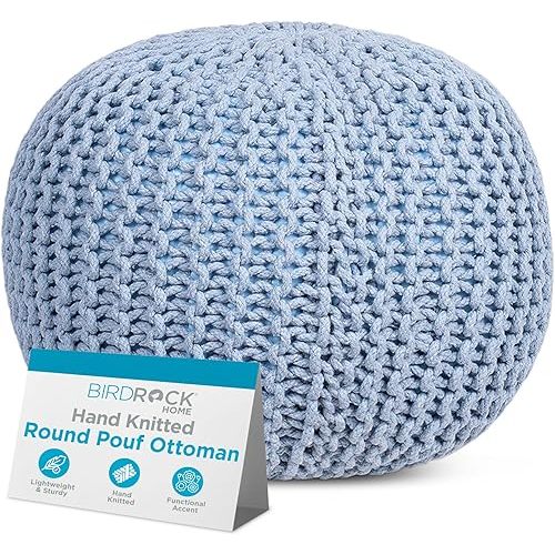 BIRDROCK HOME Round Pouf Ottoman | Cotton Braided Foot Stool with Bean Bag Filling | Boho Foot Rest for Living Room & Bedroom | Compact & Comfortable Seating, Lightweight & Soft | Soft Blue