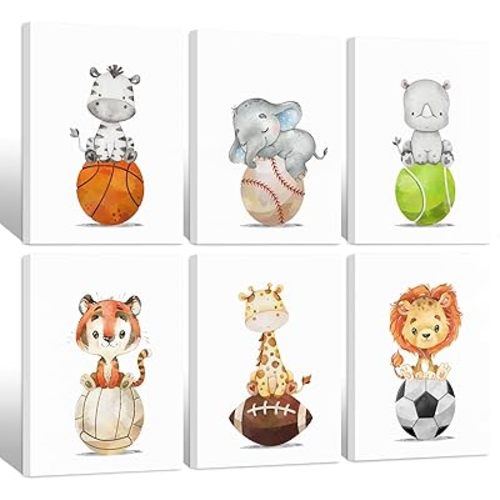 Baby Boy Wall Art Nursery Sports Prints Decor Nursery Animal Wall Art Boys Nursery Canvas Wall Art Jungle Safari Wall Art Boy Room Bedroom Art Woodland Animal Pictures 8x10x6 Inch Ready to Hang