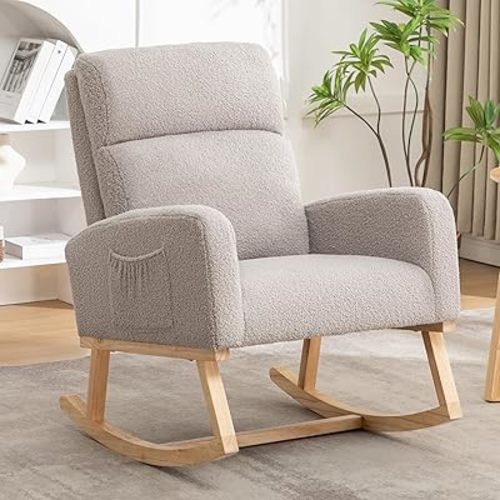 Rocking Chair Nursery, Sherpa Nursing Rocking Chairs, Upholstered Nursery Glider Rocker with Side Pocket for Living Room,Bedroom,Teddy Light Grey