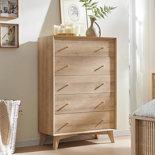 T4TREAM 5 Drawer Dresser for Bedroom, 48" Tall Mid-Century Modern Chest of Drawers, Beveled Profile Design, Wood Drawer Organizer for Bedroom, Living Room, Hallway and Entryway, Natural Oak