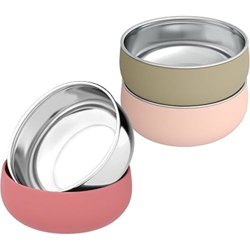 Bella's Friends Stainless Steel and Silicone Baby Bowls 3 Packs 4.3” Kids Feeding,Non-Toxic&Lead-Free&Mess Free Toddler Bowl Set,Dishwasher Safe&Extra Strong Base&Fit Highchar Size,Rose green Khaki