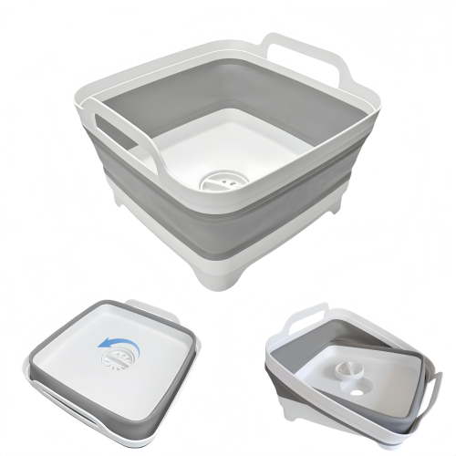 Collapsible Wash Basin with Drain Plug, 2.4 Gallons Space-Saving Camping Sink for RV, Collapsible Dish Tub (Gray)