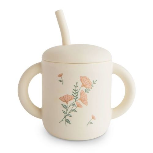 Mushie 6 Fl Oz Silicone Training Cup And Straw - Pink Flowers