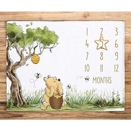 Classic Winnie Monthly Milestone Blanket, Soft Silk Touch Photo Background, Newborn Growth Mat Backdrop - with a Star Marker