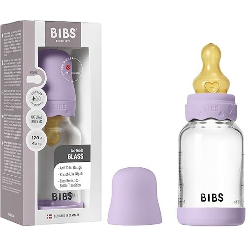 BIBS Boheme Baby Glass Bottle 4 oz /120 ml. Anti-Colic. Round Natural Rubber Latex Nipple. Supports Natural Breastfeeding - Violet Sky