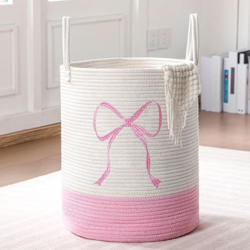 Pink Bow Laundry Hamper Tall Cotton Rope Laundry Basket Hamper Large Bow Girly Nursery Basket Storage