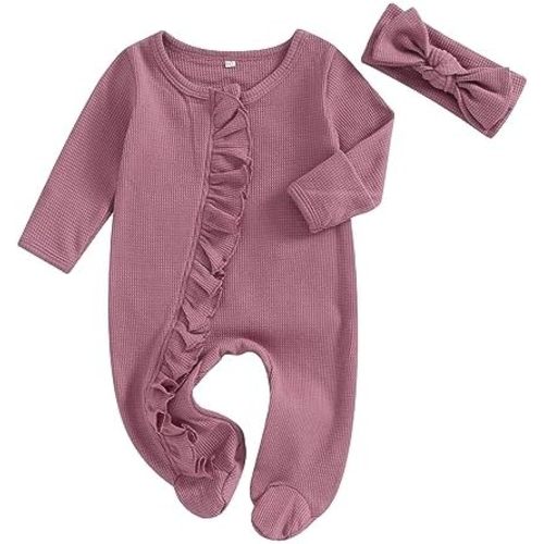Ledy Champswiin Newborn Baby Girl Solid Romper Clothes Long Sleeve Frill Onesie Bodysuit Infant Jumpsuit Headband Outfits
