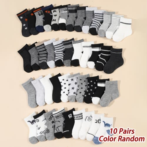 10 Pairs of Baby Socks Featuring Random Cartoon Designs with Stars And Stripes, Cute Patterns for Infant Boys in Mid-Calf Length
