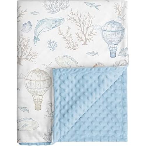 Whale Baby Fleece Blanket Neutral for Boys Girls, Soft Kid Throw Minky Blanket Double Layer with Dotted Backing, 30 x 40 Inch Blue Whale Hot-air Balloon Print