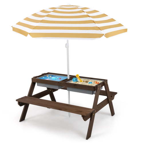 Costway 3-in-1 Kids Picnic Table Wooden Outdoor Sand & Water Table with Umbrella Play Boxes Brown