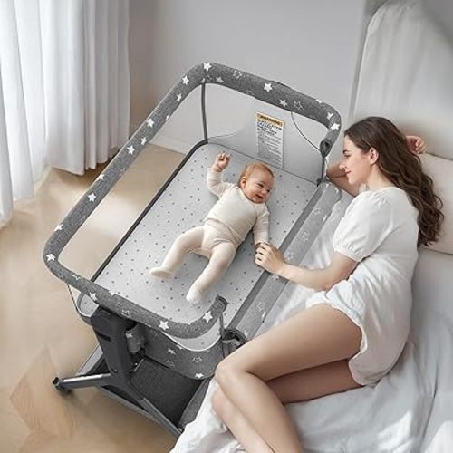3 in 1 Baby Bassinet, Rocking Bassinet Bedside Sleeper with Comfy Mattress and Breathable Mesh, 6 Height Adjustable & Upgraded Wheels Portable Bedside Crib for Newborn