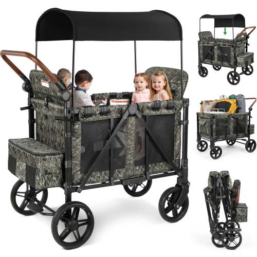 Vomeast Wagon Stroller for 4 Kids, 3-in-1 Stroller Wagon with Canopy, 5-Point Harness, Adjustable Handlebars, Removable Seat for Toddlers, Camo Green