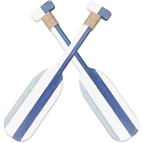 Meching 2 Pack 19.7 Inch Nautical Wooden Double Oar Decor with Rope Nautical Oar Paddles Wall Decor Door Hanging Ornament Beach Theme Home Decoration（Vintage blue）