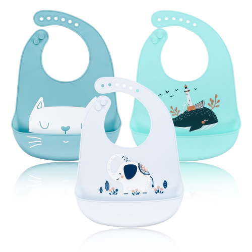 Yaoping 3 Pack Silicone Baby Bibs, Soft Silicone Feeding Bibs with Food Catcher Pocket, Waterproof, BPA Free