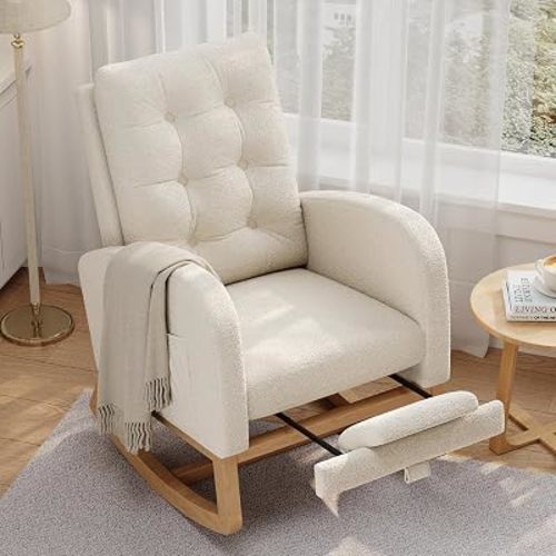 Garvee Modern Nursery Rocking Chair, Boucle Upholstered Rocking Chair with Footrest, Comfortable Rocker Recliner with Side Pocket, Rocker Glider for Living Room, Bedroom, Nursing Room, Beige