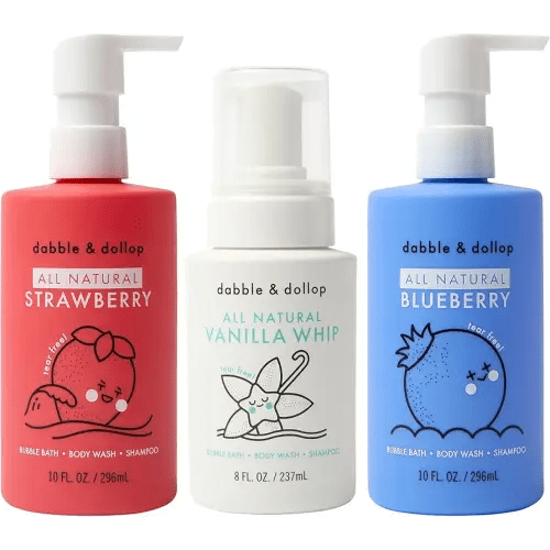 Dabble & Dollop USA Bundle, 3-in-1 Natural Bubble Bath, Body Wash & Shampoo for Kids, Paraben & Sulfate Free, Vegan, Tear-Free, Strawberry, Vanilla & Blueberry (Set of 3)