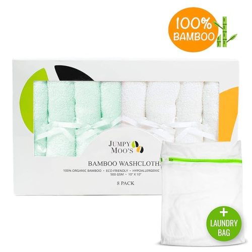 Jumpy Moo's Baby Washcloths - 100% Rayon from Bamboo, Ultra Thick 10x10 inches, Gentle on Delicate Skin, Perfect Baby Shower Gifts for Girls and Boys, Includes Giftbox & Laundry Bag - Green & White - 8 Count (Pack of 1)