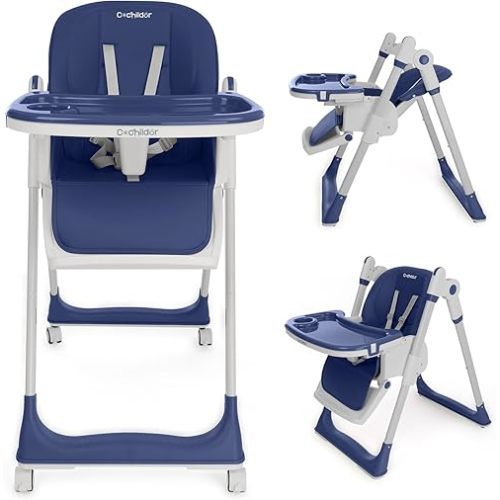 Cochildor 3-in-1 Foldable High Chair for Babies & Toddlers – Adjustable Height, Reclining Seat, 5-Point Safety Harness, Removable Tray, Lockable Wheels, Washable Cushion – Portable & Easy Clean, Blue