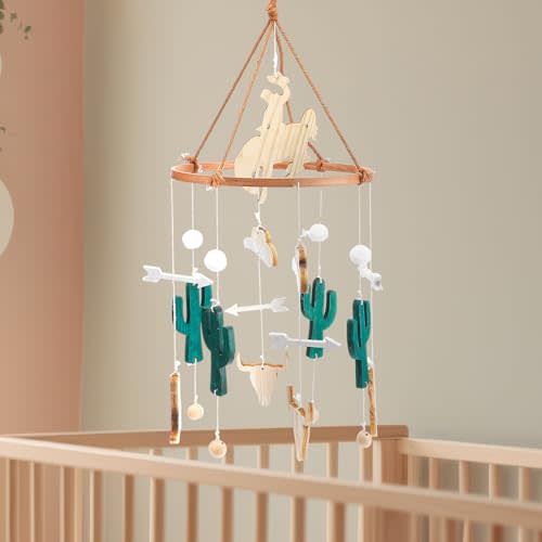 Hollowfly Cowboy Baby Crib Mobile Western Cowboy Nursery Mobiles Boho Ceiling Mobile Wooden Wind Chime Hanging Mobile Cactus Horse Hats Mobiles Bassinet for Room Decor Photography Prop Newborn Gift