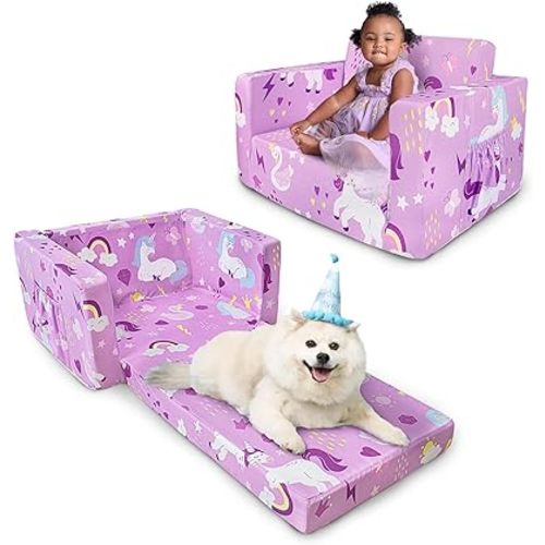 Kids Couch, 2-in-1 Toddler Sofa Fold Out, Soft Toddler Chair for Boys and Girls, Convertible Sofa to Lounger- Ideal for Napping, Reading, and Playing