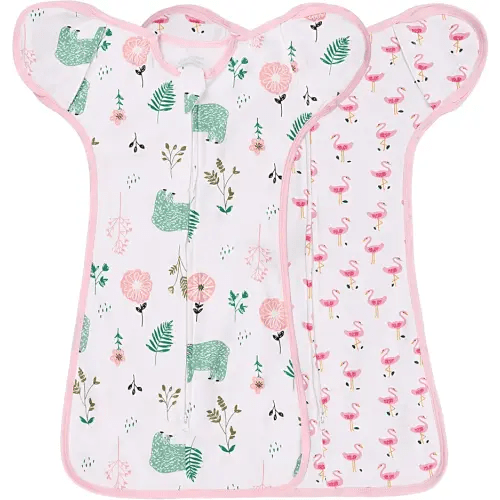 2 Pack Transition Swaddle with 2 Way Zipper, 2 in 1 Arms in/Out Transitional Arms Up Swaddle, 100% Cotton Newborn Swaddles Zipper Swaddles Baby Swaddling Sack Sleeping Sack 0-3 Months, Flamingo & Bear
