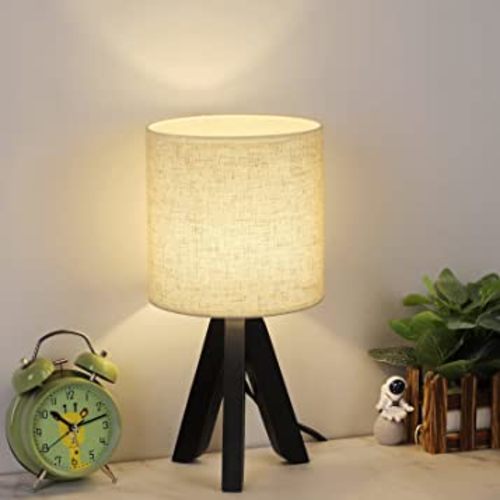 Kids Table Lamp Small Table Lamp for Nursery Wooden Tripod Nightstand Lamps for Boys Girls Room, Bedroom, Living Room, Office, Black Base (Linen Shade)