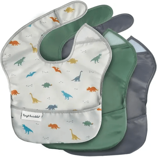 Tiny Twinkle Mess-Proof Baby Bib - Waterproof Bib for Baby Boy or Girl - Machine Washable - Adjustable Closure - PVC, BPA, & Phthalate Free - Great for Travel - Baby Food Bibs (3 Pack, Dinosaur Set)