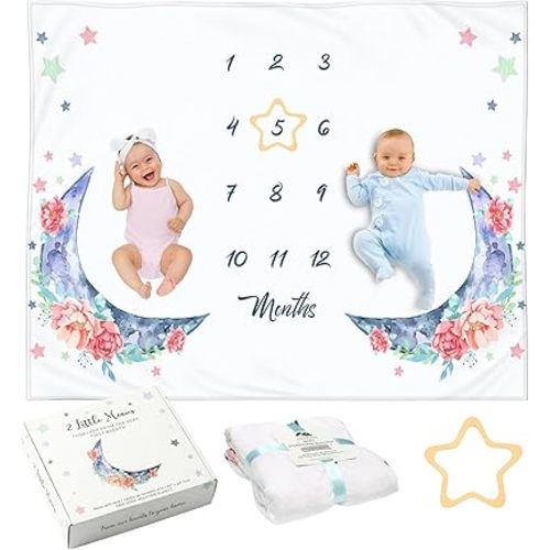 Twin Milestone Blanket - 60" x 40" Baby Gifts for Twins - Large Double Moon Floral Monthly Age Backdrop - Premium 250GSM Soft Fleece - Newborn Multiples Stuff & Shower Present