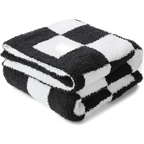 Checkered Microfiber Reversible Blanket, Fluffy Fuzzy 3D Chessboard Grid Toddler Blanket, Ultra Soft Gingham Plush Blankets for Newborns Infants and Toddlers 30''x40'' (Black)