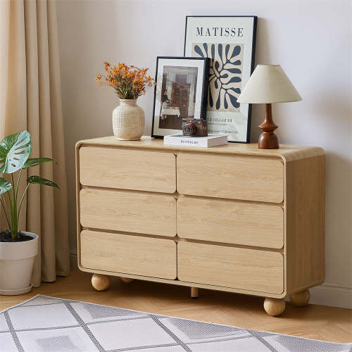 48" Wooden 6 Drawer Dresser Chest of Drawers Handle Free & Curved Profile Design
