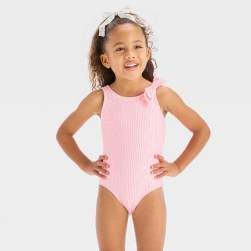 Baby Girls' Seersucker Striped One Piece Swimsuit With Bow- Cat & Jack™ Pink 12M: UPF 50+, Recycled Polyester, Elastic Leg Openings