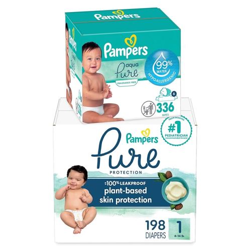 Pampers Pure Protection Disposable Baby Diapers Size 1, 198 Count with Aqua Pure Baby Wipes, 6X Pop-Top Packs (336 Count)