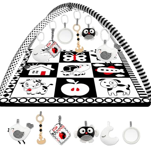 QUOKKA Padded Baby Mat for Floor Tummy Time - Super Soft Black&White Play Mat for Kids Toddlers & Infants - 6 Toys | Thick Pad | Machine Washable | Black White Colors for Vision Development