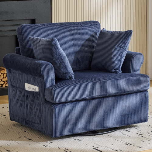 Ktaxon Swivel Accent Chair, 360-Degree Rotation Reading Chair, Corduroy Fabric Sofa with Armrest Pockets, Solid Metal Base, Perfect for Living Room Bedroom Blue
