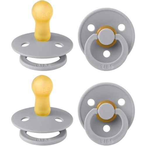 BIBS Colour Pacifier 4-Pack, BPA Free Dummy Pacifier, Round Nipple. Natural Rubber Latex, Made in Denmark, Size 2 (6-18 Months), Cloud
