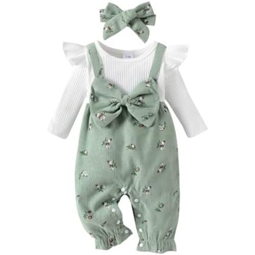 allshope Infant Baby Girl Fall Outfit Romper Floral Print Fake Two Pieces Patchwork Bow Jumpsuit Newborn Winter Clothes