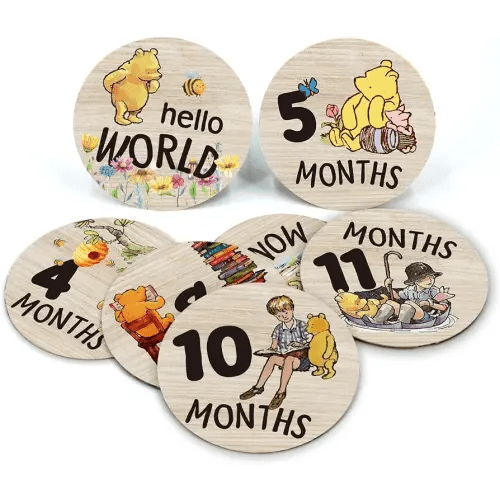The Pooh Baby Bear Month Milestone Circles, Wooden Discs Stuff for Baby Photo Takens with Hello World Name Signs - 7Pcs Double Sided Signs for Documenting Growth