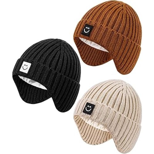 Alepo 3 Pack Baby Beanie Hats with Earflaps, 2 Size Baby Winter Hat for Newborn Infant Toddler Kids Children with Cute Smiley Face, Soft Warm Fleece Lined Knit Hat for Girls Boys-15