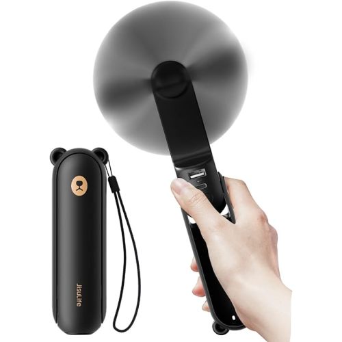 JISULIFE Handheld Fan with 4500 mAh Powerbank Max 37 Hours Runtime, Pocket Portable Battery Operated or USB Powered Folding Personal Fan, 3 Speeds, Valentines Day Gifts for Her Him-Black