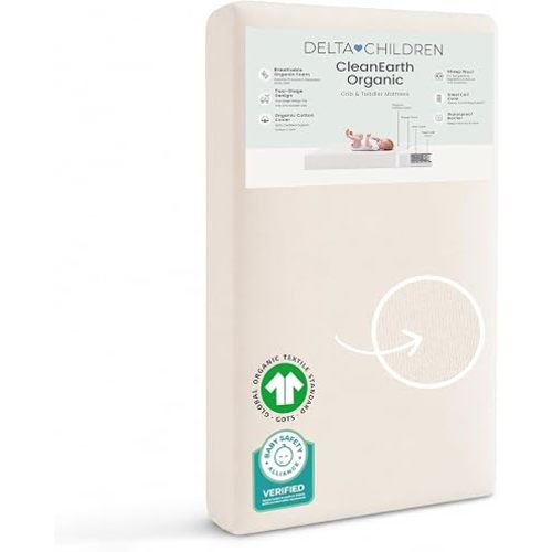 Delta Children CleanEarth Certified Organic Crib and Toddler Mattress – GOTS Certified, Non-Toxic Breathable Baby Mattress - Regulates Temperature, 10-Year Warranty