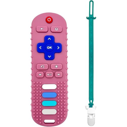 Baby Teething Toys, Food Grade Silicone Teethers for Babies 3 6 12 18 Months, Fake TV Remote Shape with Silicone Pacifier Clip Infant Chew Toys for Boys and Girls, Freezer BPA Free
