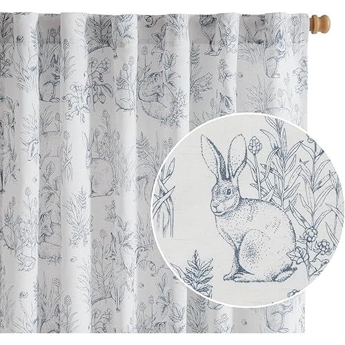 Vangao Linen Curtains Farmhouse Blue Curtains 84 Inches Long for Bedroom French Country Toile Drapes Easter Decorations Woodland Animal Rabbit Printed Light Filtering Kids Window Treatments, 2 Panels