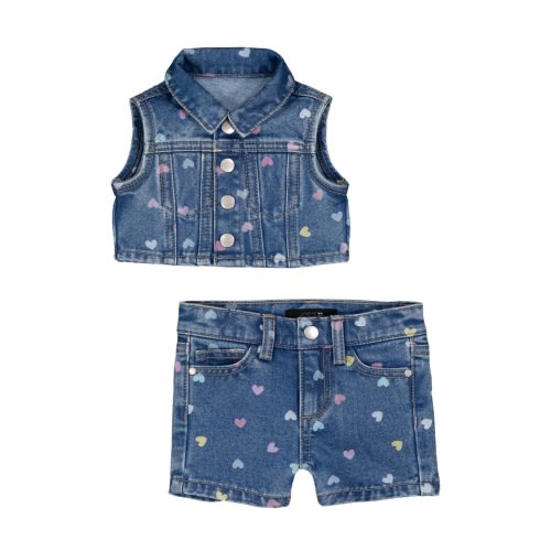 Heart Print Denim Vest & Shorts Set
