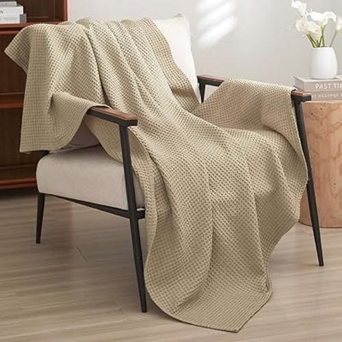 PHF Pre-Washed Cotton Waffle Weave Blanket Throw Size for Couch Bed,Snag Proof for Spring Summer Lightweight Breathable,Oeko-TEX Certified,Machine Washable, Home Decor Gift-Khaki/Simply Taupe