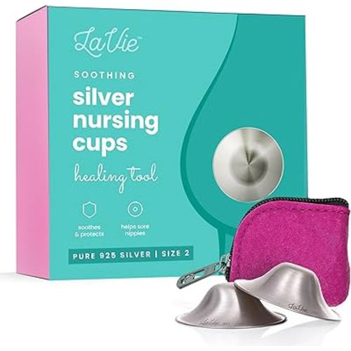 LaVie™ Silver Nursing Cups, Soothing Protection for Nursing Nipples of Newborns, Calming Relief for Breastfeeding Moms, 925 Silver Nipple Covers All Natural (Size 2)